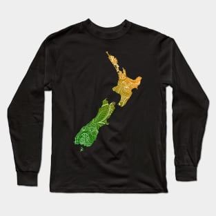 Colorful mandala art map of New Zealand with text in green and orange Long Sleeve T-Shirt